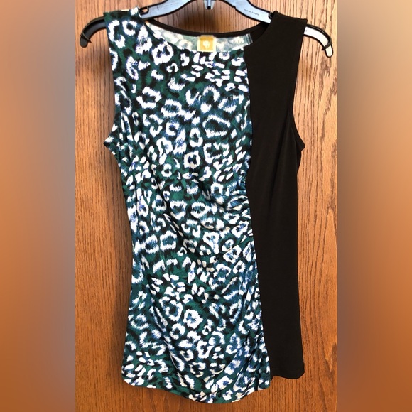 Anne Klein Leopard Animal Print Dress Size 6 Sleeveless Green Blue Solid Black - Picture 1 of 11